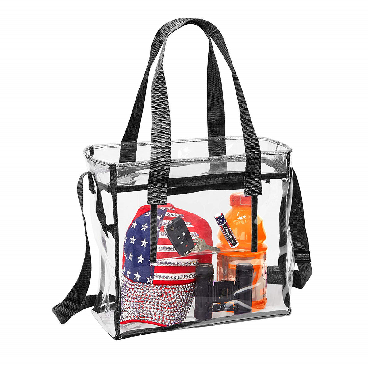 Deluxe Clear 12 x 12 x 6 Cross-Body Stadium Tote Bag with Zipper Closure  and Interior Pocket (CH-1212A) - Black Trim