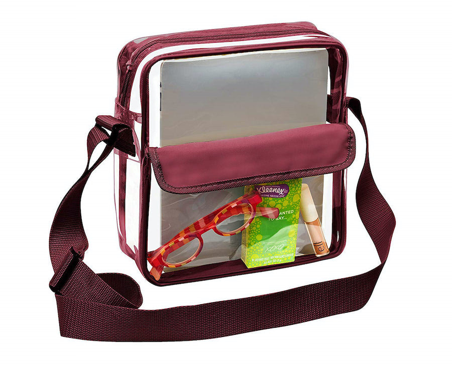 Clear Handbags & More Clear Crossbody Messenger Shoulder Bag with Adjustable Strap NFL Stadium Approved Transparent Purse (Burgundy)