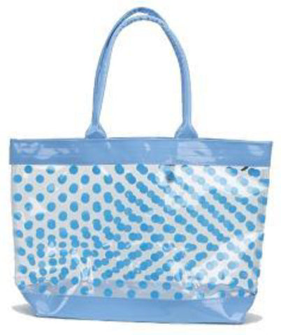 clear tote bag with blue polka dots