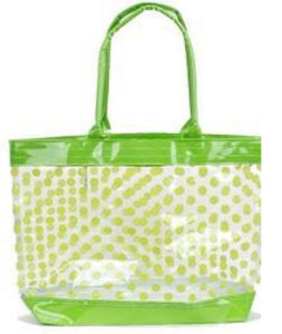 clear tote bag with green polka dots